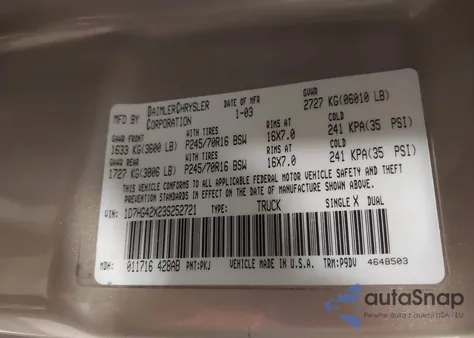 2003 Dodge Dakota Slt z USA, uszkodzony, nr VIN 1D7HG42X23S252721